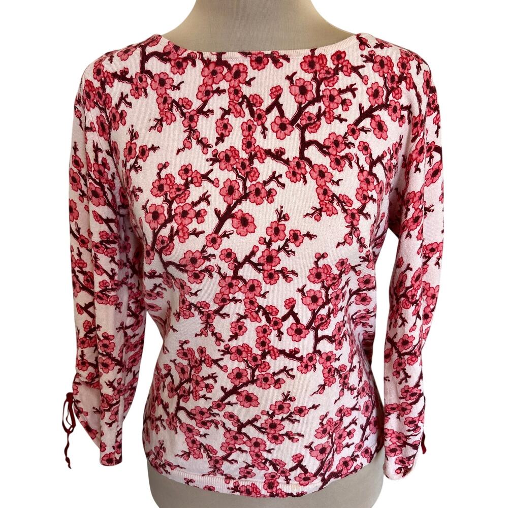 Anthropologie Tabitha Stretch Knit Cherry Blossom Sweater Top Tie Sleeve Asian
